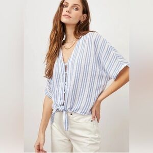 Rails Thea Blue Catalina Stripe V-neck top button front short sleeves tie waist